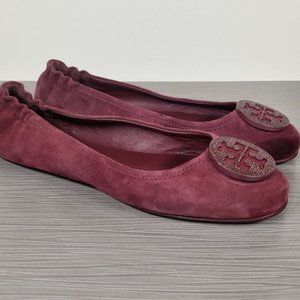 Tory Burch Minnie Embellished Logo Travel Ballet Flat, Burgundy, Womens Size 9 M